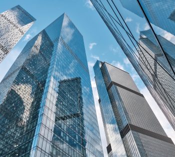 The OKO skyscraper complex. The Neva Towers, Business district Moscow City, Moscow, Russia.